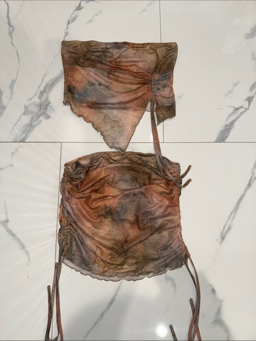Rust Tie-Dye Mesh Two-Piece Top Set